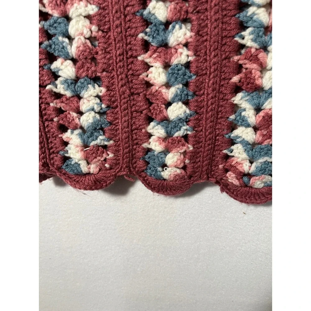 Vtg Handmade Crochet Afghan Throw Blanket Scallop Edge Blue Mauve White 46x68